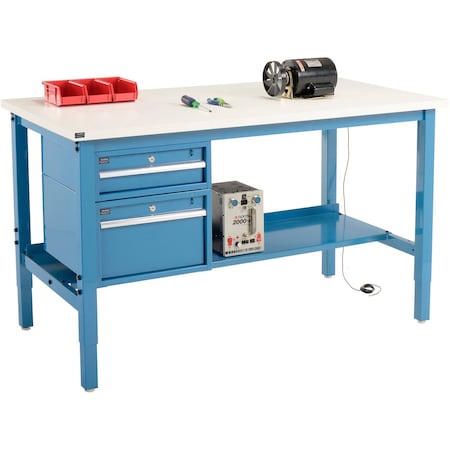 Global Industrial 72inW x 30inD Production Workbench, ESD Square Edge, Drawers & Shelf, Blue 319249BL